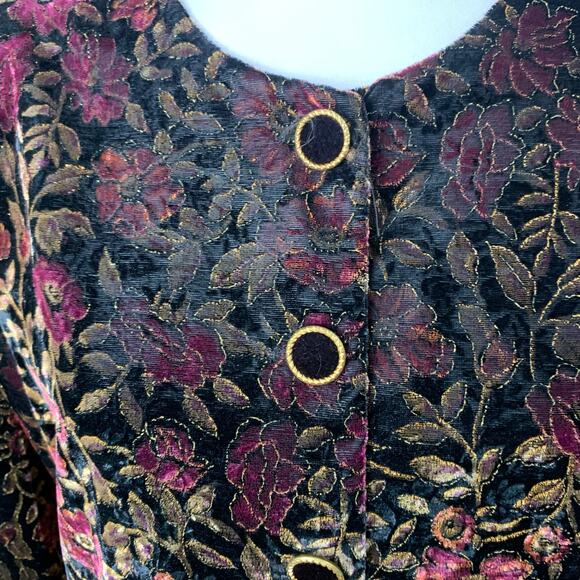 Vintage Size L Velvet Floral Print Crop Jacket Puff Sleeve Gold Etched - Picture 6 of 11